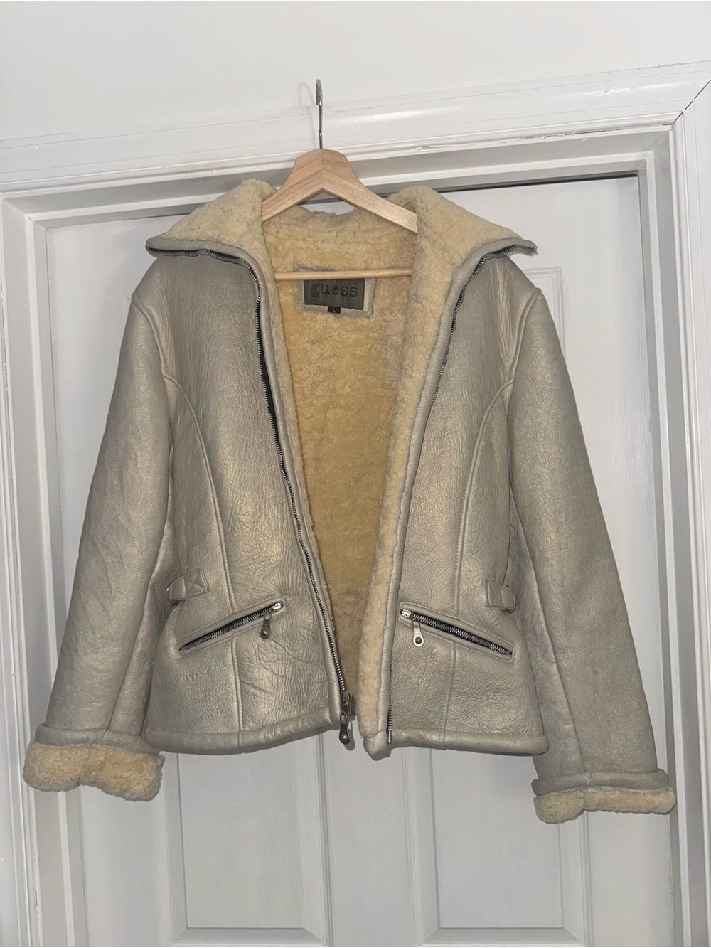 Vtg Guess Leather Shearling-Lined Bomber Jacket in Gray Cream Metallic Finish L